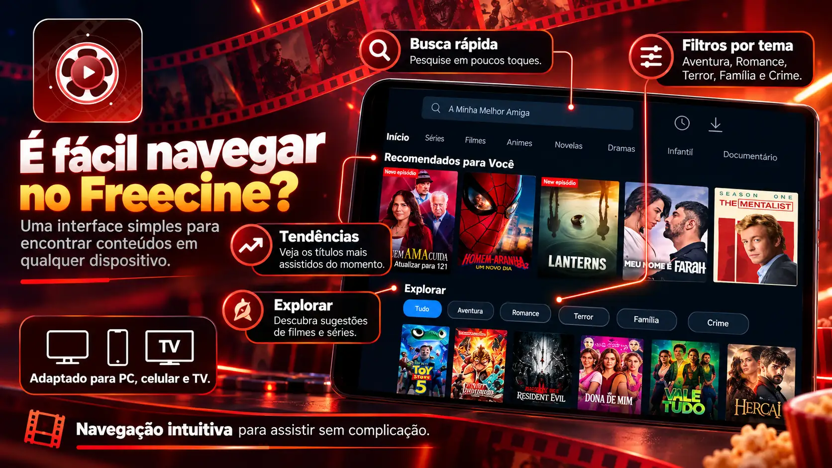 Tela do Freecine, setas apontando para partes específicas da tela, barra de busca.