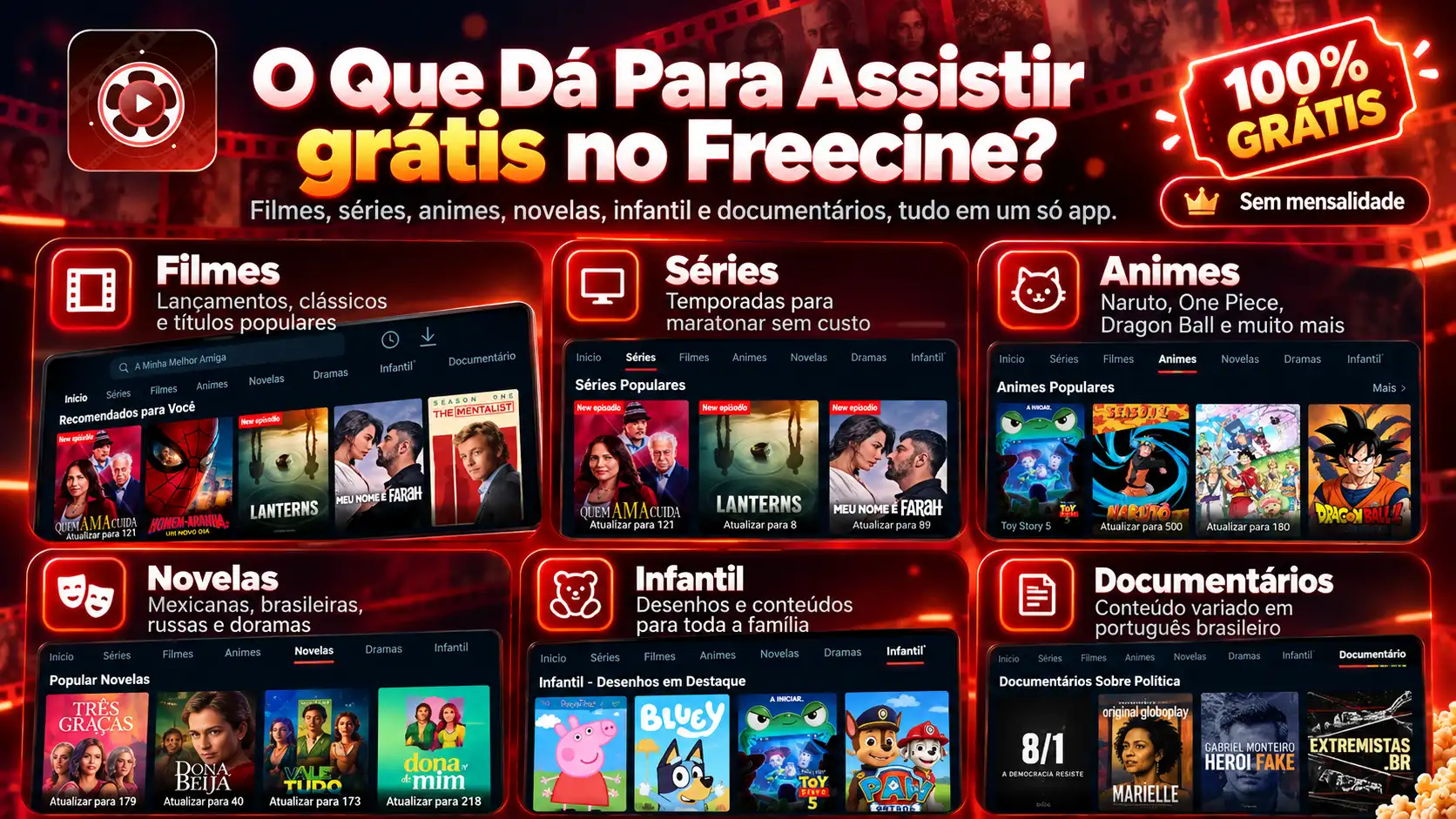 Fundo vermelho, opções do que assistir em filmes, séries animes, novelas, infantis e documentários.
