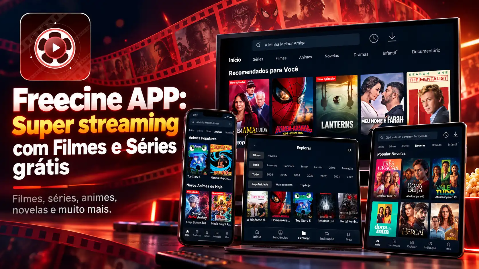 Feecine app, tela de computador, celulares e televisão em fundo vermelho.